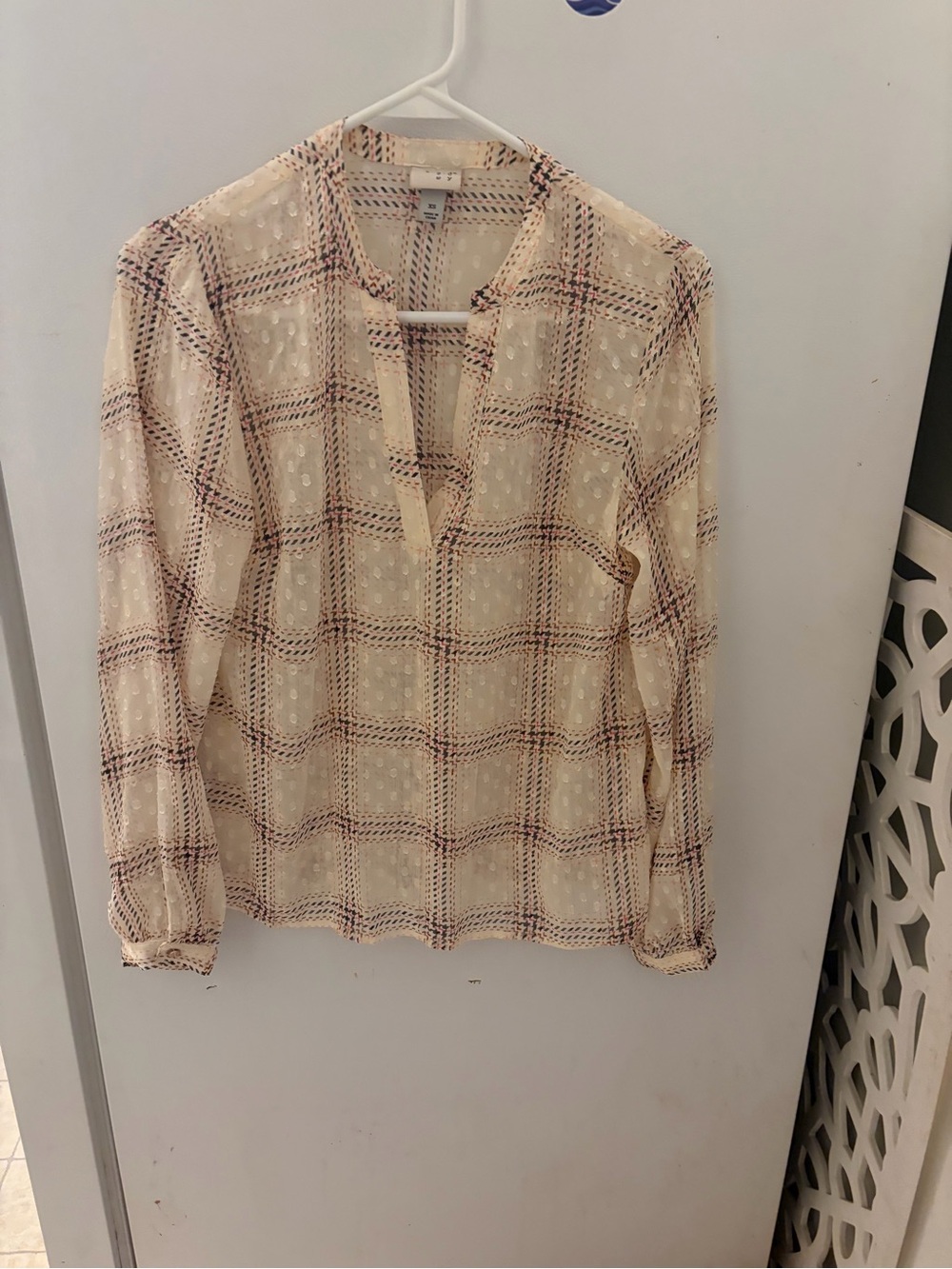 a new day Cream Plaid Lace V-Neck Women's Blouse